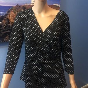 White House Black Market mock wrap blouse polkadot